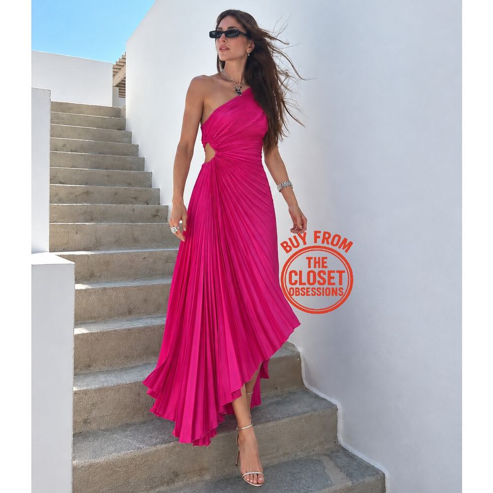 Mango NWT Magenta Pleated One Shoulder Midi Dress 6 8 10